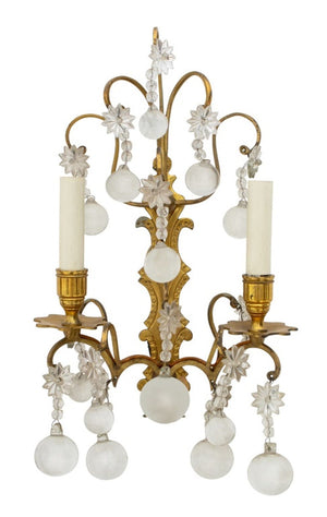 Italian Brass & Crystal 2-Branch Wall Sconces, Pr. (9751802478899)