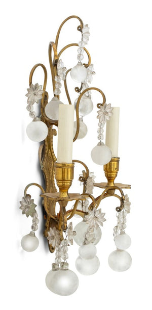 Italian Brass & Crystal 2-Branch Wall Sconces, Pr. (9751802478899)