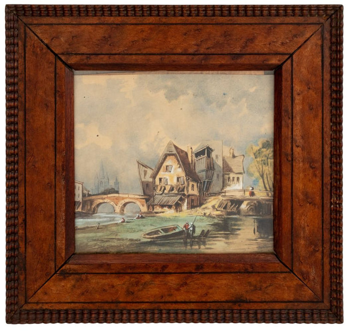 French School Riverside Town Watercolor