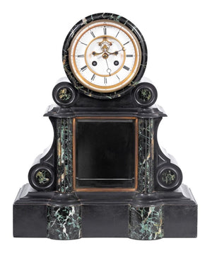 French Black Slate and Green Marble Mantel Clock