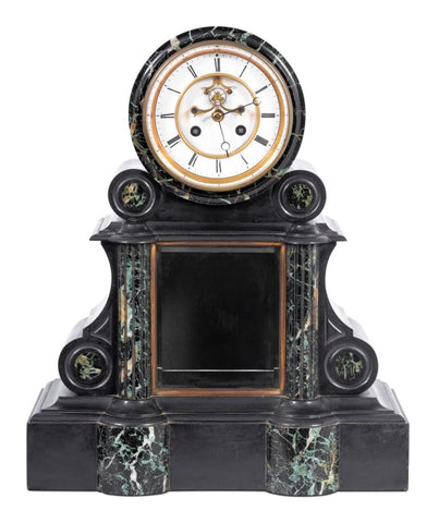 French Black Slate and Green Marble Mantel Clock