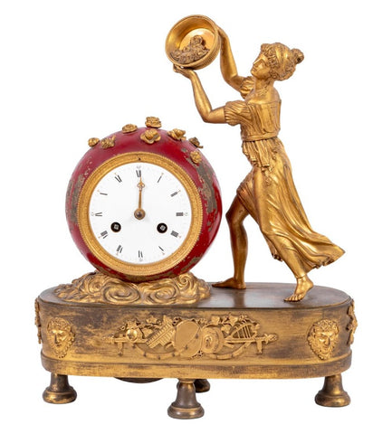 French Empire Gilt Bronze Figural Clock