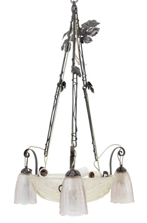 French Art Deco Pressed Glass and Metal Chandelier (9742203126067)