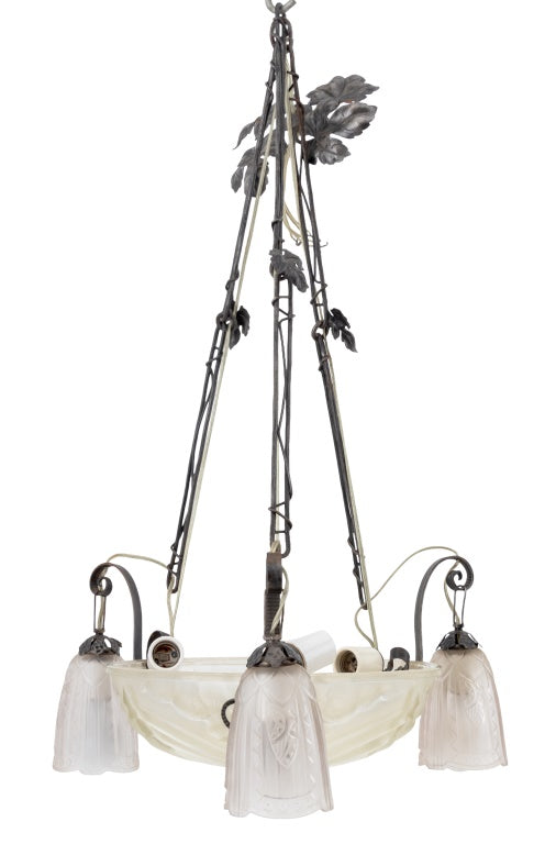 French Art Deco Pressed Glass and Metal Chandelier