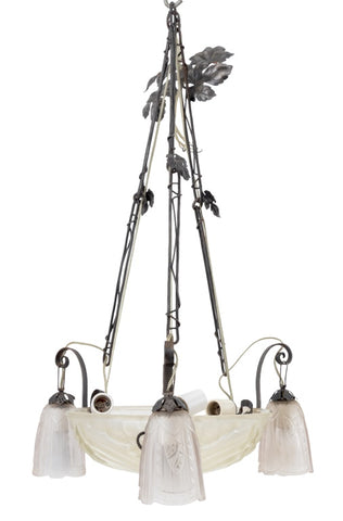 French Art Deco Pressed Glass and Metal Chandelier