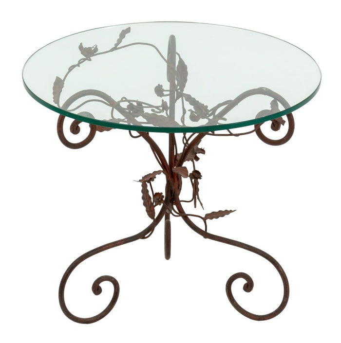 Glass Top Foliate Red Wrought Iron Side Table