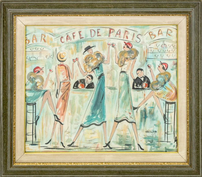 French School "Cafe de Paris" Watercolor on Paper