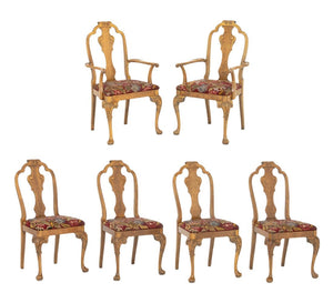 William and Mary Style Needlepoint Upholstered Walnut Dining Chairs, 6