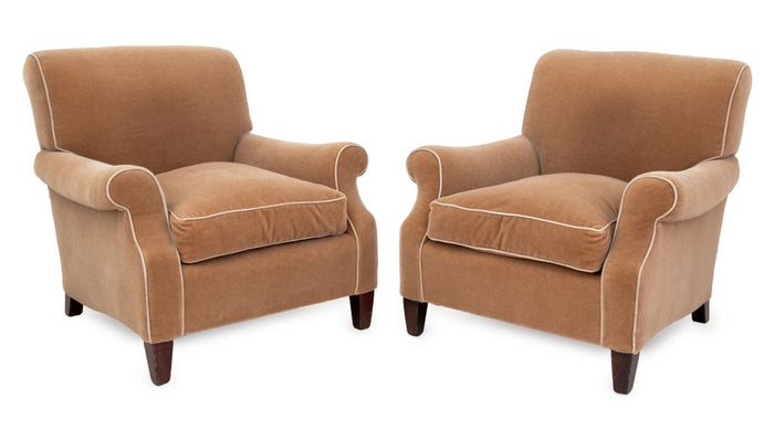 Beige Mohair Upholstered Easy Chairs, Pair