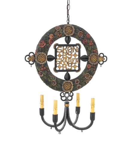 Scandinavian Polychromed Wood and Iron Chandelier, Early 20th Century