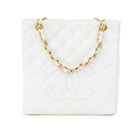 Chanel White Quilted Caviar Leather Tote Bag