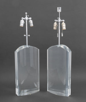 Modern Clear Acrylic and Chrome Table Lamps, Pair