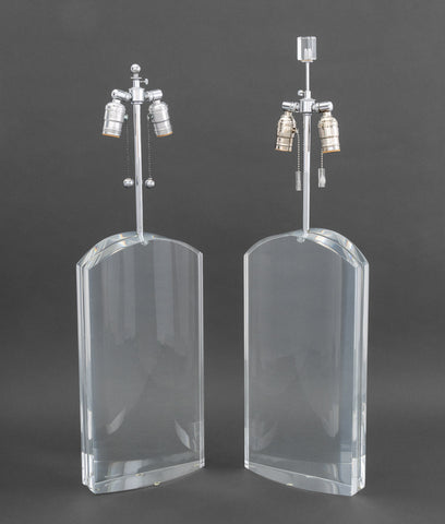 Modern Clear Acrylic and Chrome Table Lamps, Pair