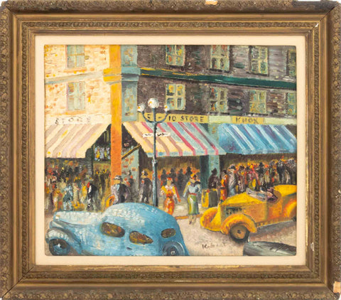 Signed Corner Store Street Scene Oil on Masonite
