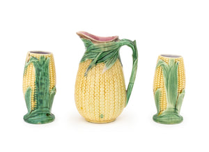 English Majolica Corn Pitcher and Vases, 3 Pieces