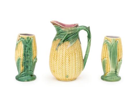 English Majolica Corn Pitcher and Vases, 3 Pieces