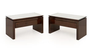 Modern White Glass and Mahogany Side Tables, Pair