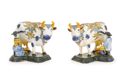 Dutch Delft Cow and Milkmaid Figurines, Pair