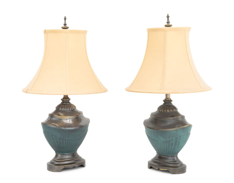Pair of Neoclassical Style Patinated and Verdigris Bronzed Metal Table Lamps
