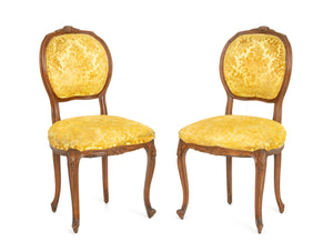Louis XV Style Yellow Satin Walnut Chairs, Pair