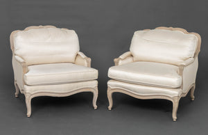 Louis XV Style White Upholstered Bergeres, Pair