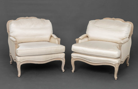 Louis XV Style White Upholstered Bergeres, Pair