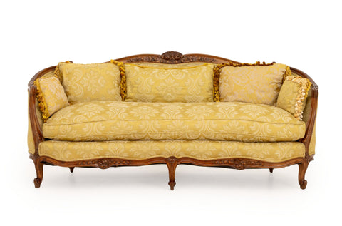 Louis XV Yellow Silk Damask Upholstered Walnut Sofa