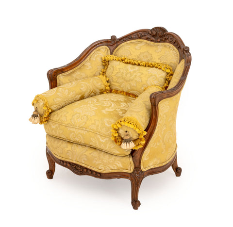 Louis XV Yellow Silk Damask Upholstered Walnut Bergere