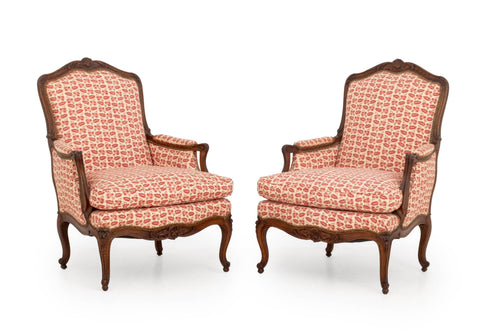 Pair of Louis XV Style Red and White Fabric Upholstered Walnut Bergeres