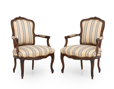 Pair of Louis XV Style Walnut Striped Linen Upholstered Fauteuils