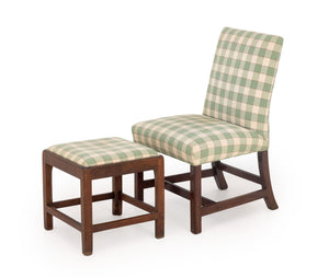 Sage Green and Off-White Checkerboard Linen Upholstered Wood Slipper Chair and Ottoman