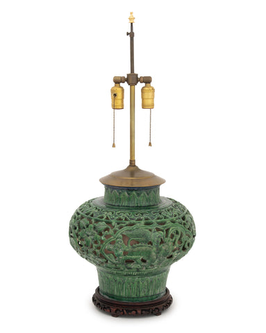 Chinese Spinach Jade Green Glazed Ceramic Pierced Vase Mounted as a Table Lamp