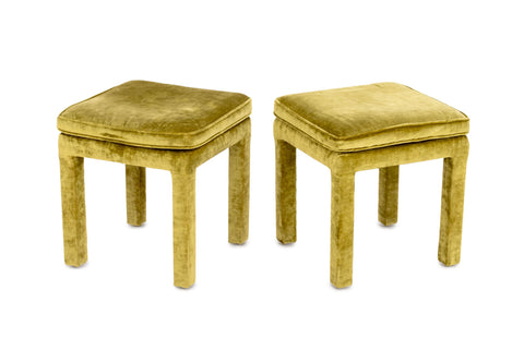 Pair of Parsons Style Green Velvet Upholstered Stools