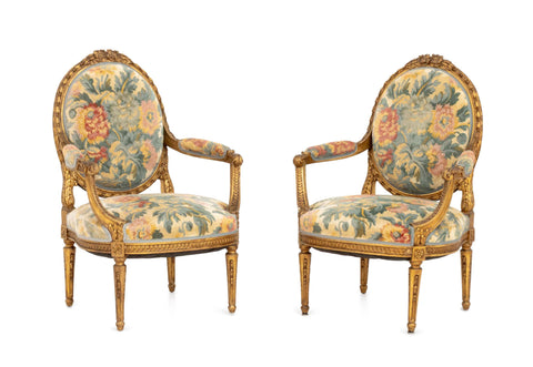 Pair of Louis XVI Style Tapestry Upholstered Giltwood Fauteuils