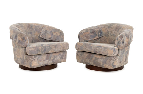 Pair of Milo Baughman Style Barrel Swivel Arm Chairs