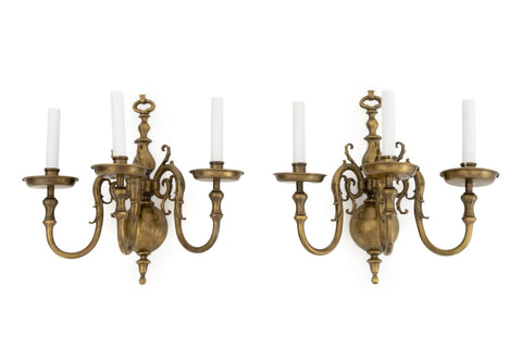 Pair of Dutch Style Bronze Three-Branch Wall Sconces