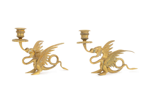 Pair of Vintage Dragon Form Bronze Candlestick Holders