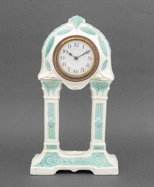 German Art Deco Blue & White Ceramic Mantle Clock