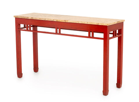 James Mont Style Marble Top Red Stained Oak Console Table