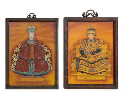 Pair of Chinese Ancestor Portraits Reverse Glass Paintings