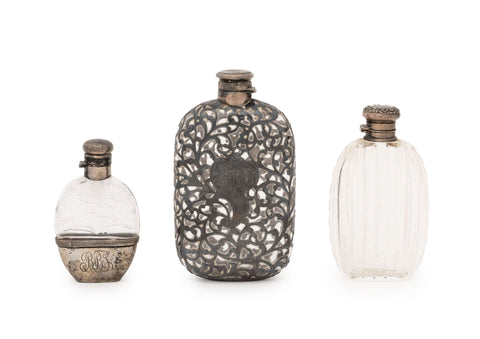 Collection of Three American Art Nouveau Silver and Cut Crystal Flasks