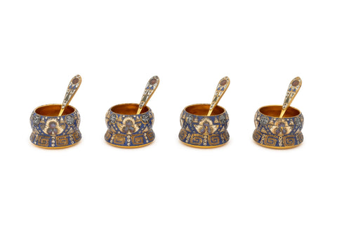 Set of Four Silver Gilt and Polychrome Enameled Open Salt Cellars and Spoons