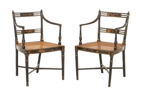 Japonisme Painted & Ebonized Armchairs, Near Pair