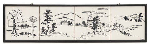 Carrie Robbins Set of Four Japanese Landscape Scene with Pagoda Tiles, 1958