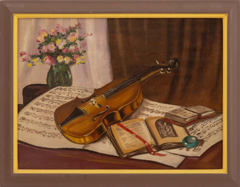 20th Century School, Violin Still Life, Oil on Canvas