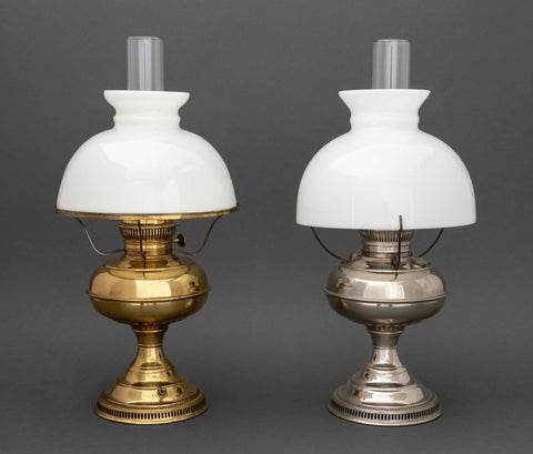 Two Electrified Oil Lamps, Each With a Milk Glass Shade