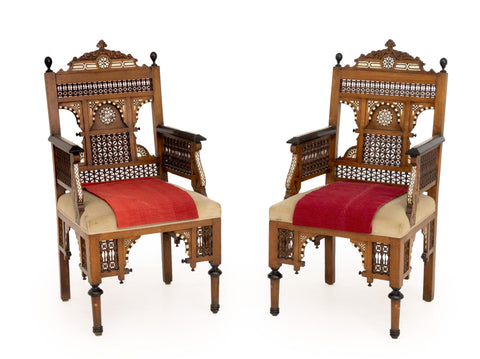 Pair of Moroccan Inlaid Walnut Armchairs