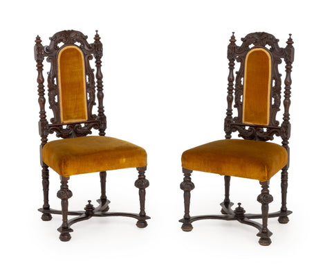 Pair of Jacobean Style Carved Mahogany Side Chairs
