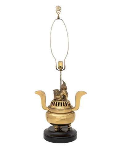 Chinese Foo Lion Gilt Brass Censer Mounted as a Lamp