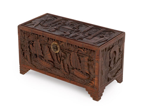 Chinese Figural Carved Camphor Wood Chest